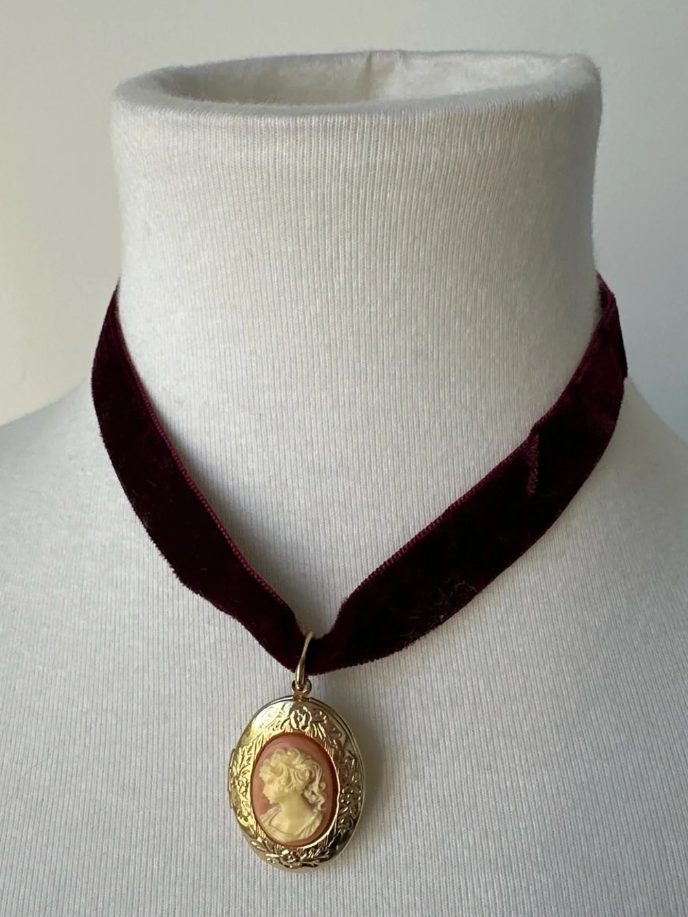 Vintage Burgundy velvet choker with ornate gold cameo portrait locket pendant